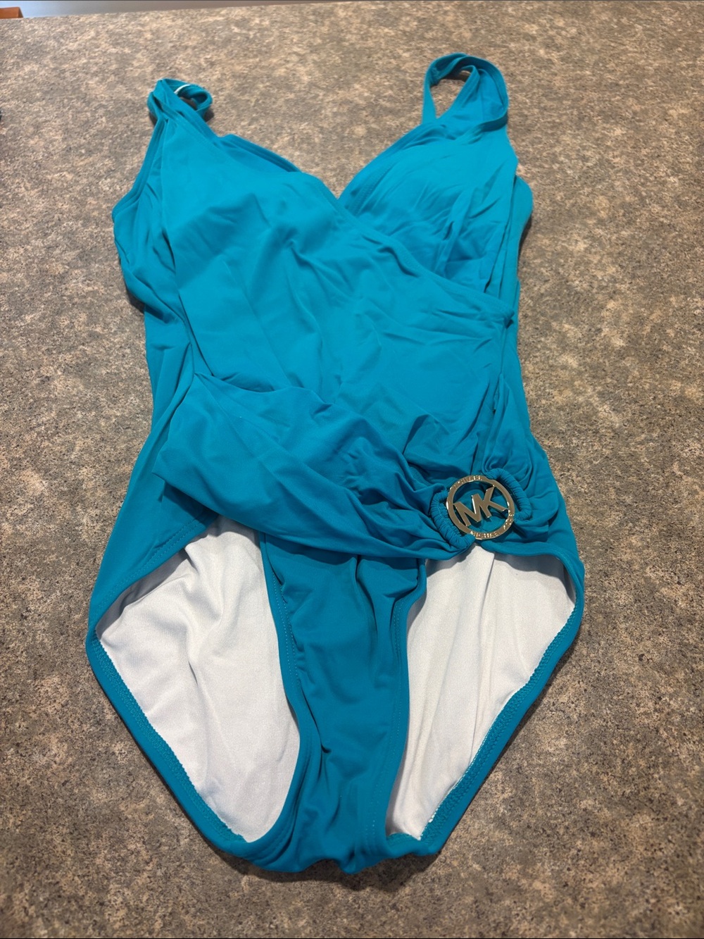 Michael Kors Teal Ruched One-Piece Swimsuit with Gold MK Accent